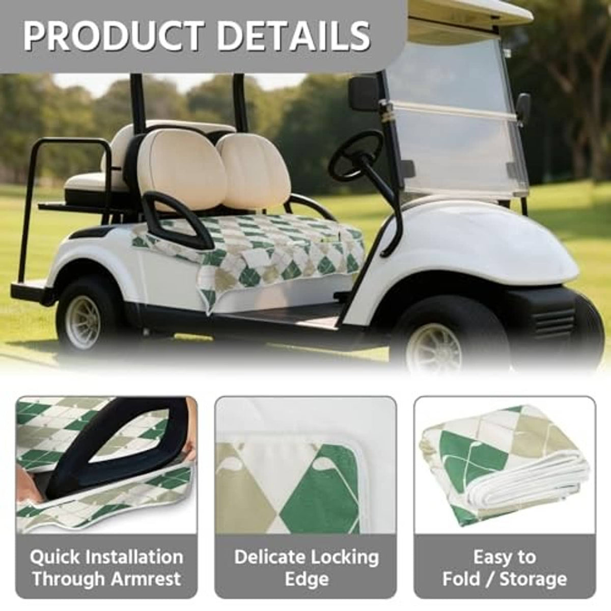 Green-and-cream argyle golf cart seat cover shown installed and neatly folded