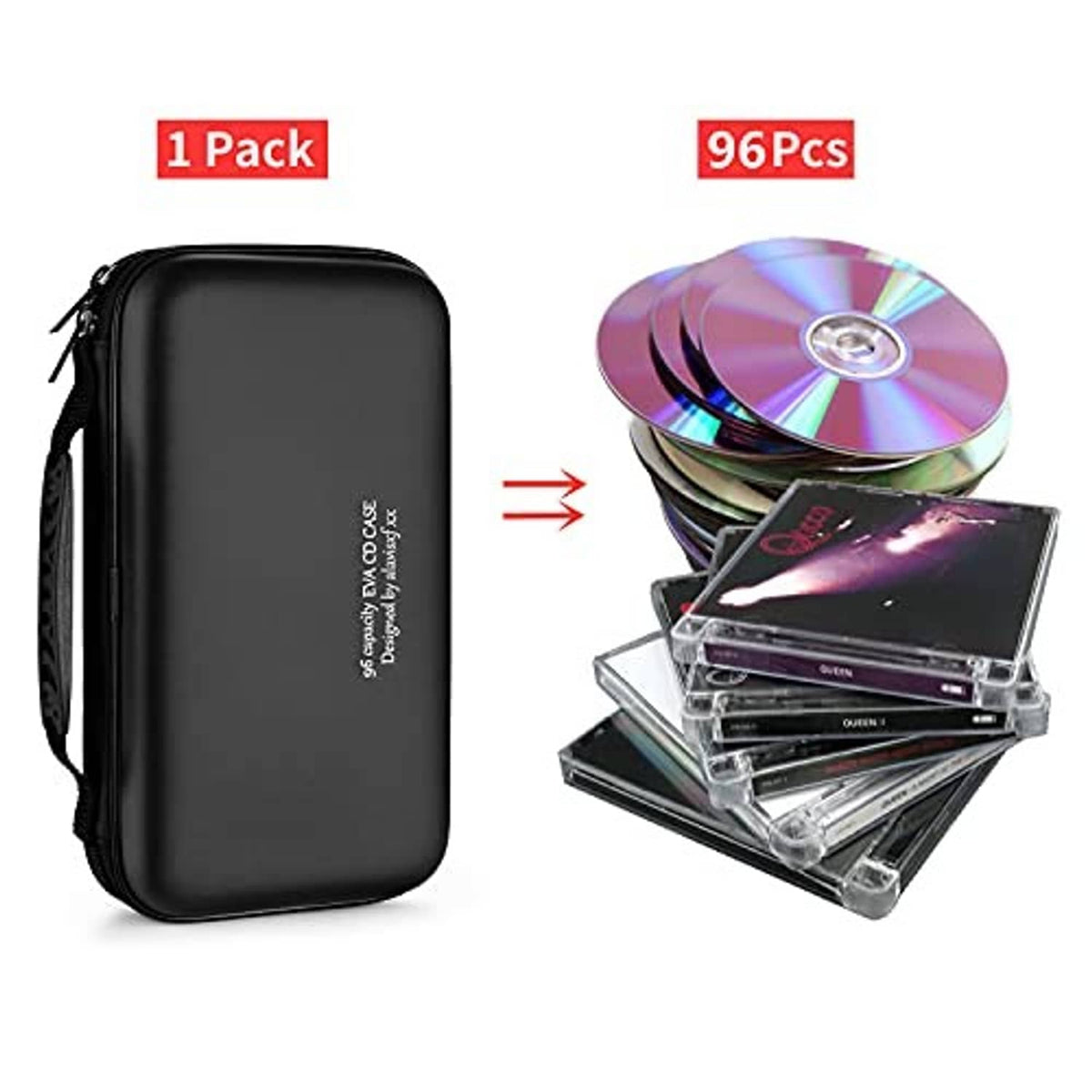 Black zippered hard CD/DVD case showing inner sleeves for disc storage.