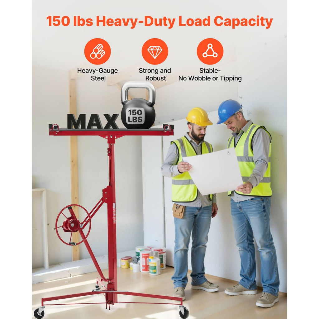Drywall lifter hoist with winch wheel, platform, and four caster wheels