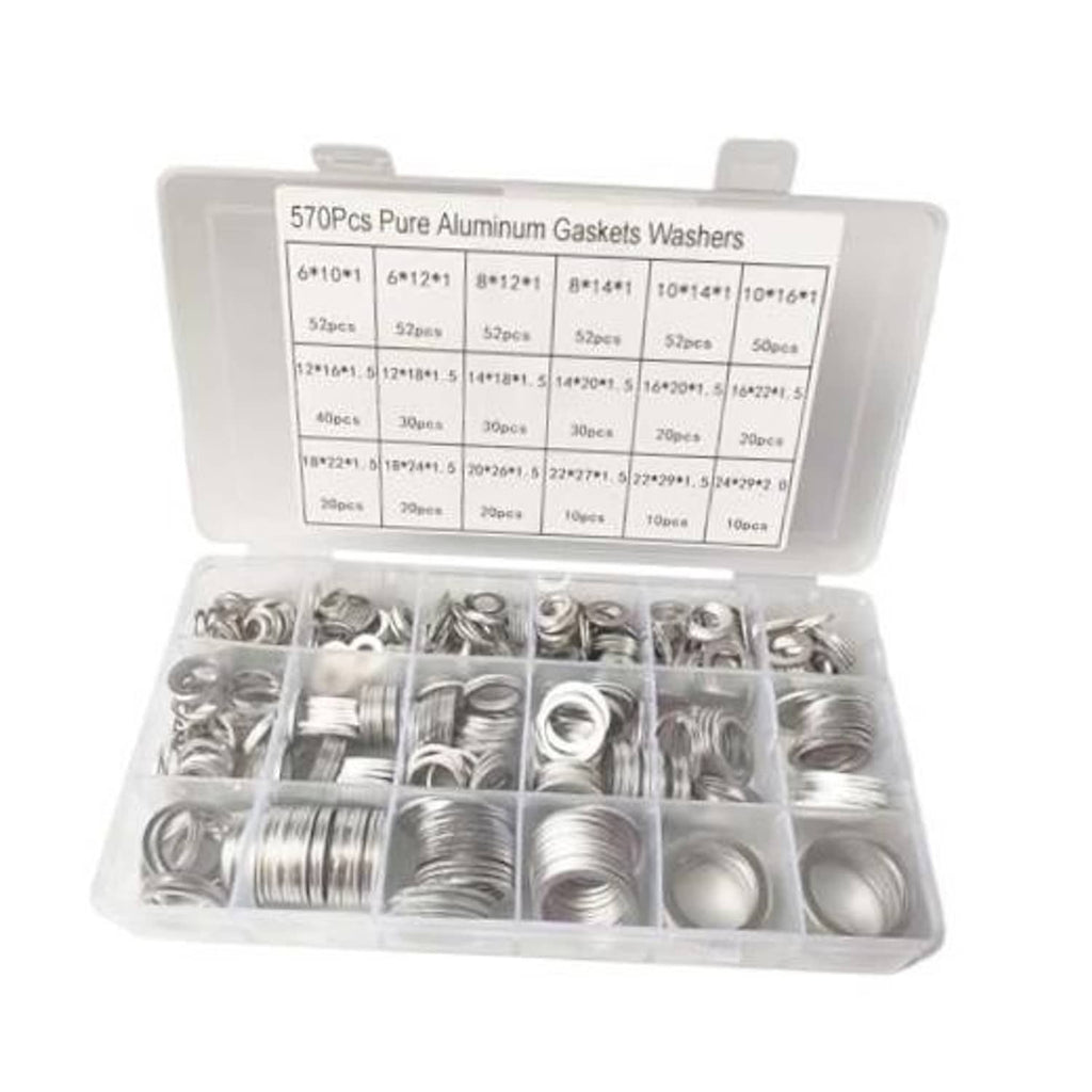 570-piece aluminum crush washer gasket set in clear storage organizer case