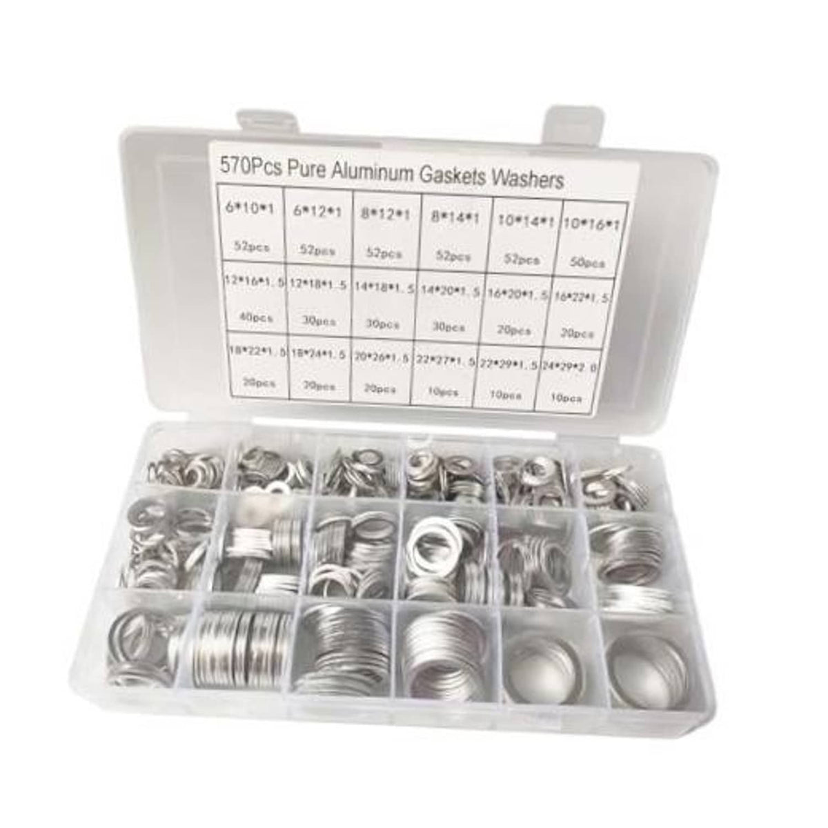 570-piece aluminum crush washer gasket set in clear storage organizer case