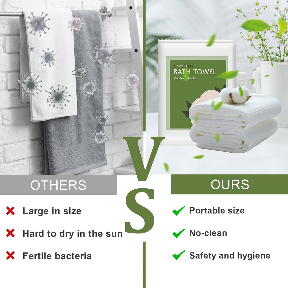 Hanging and folded white disposable bath towels set for bathroom use