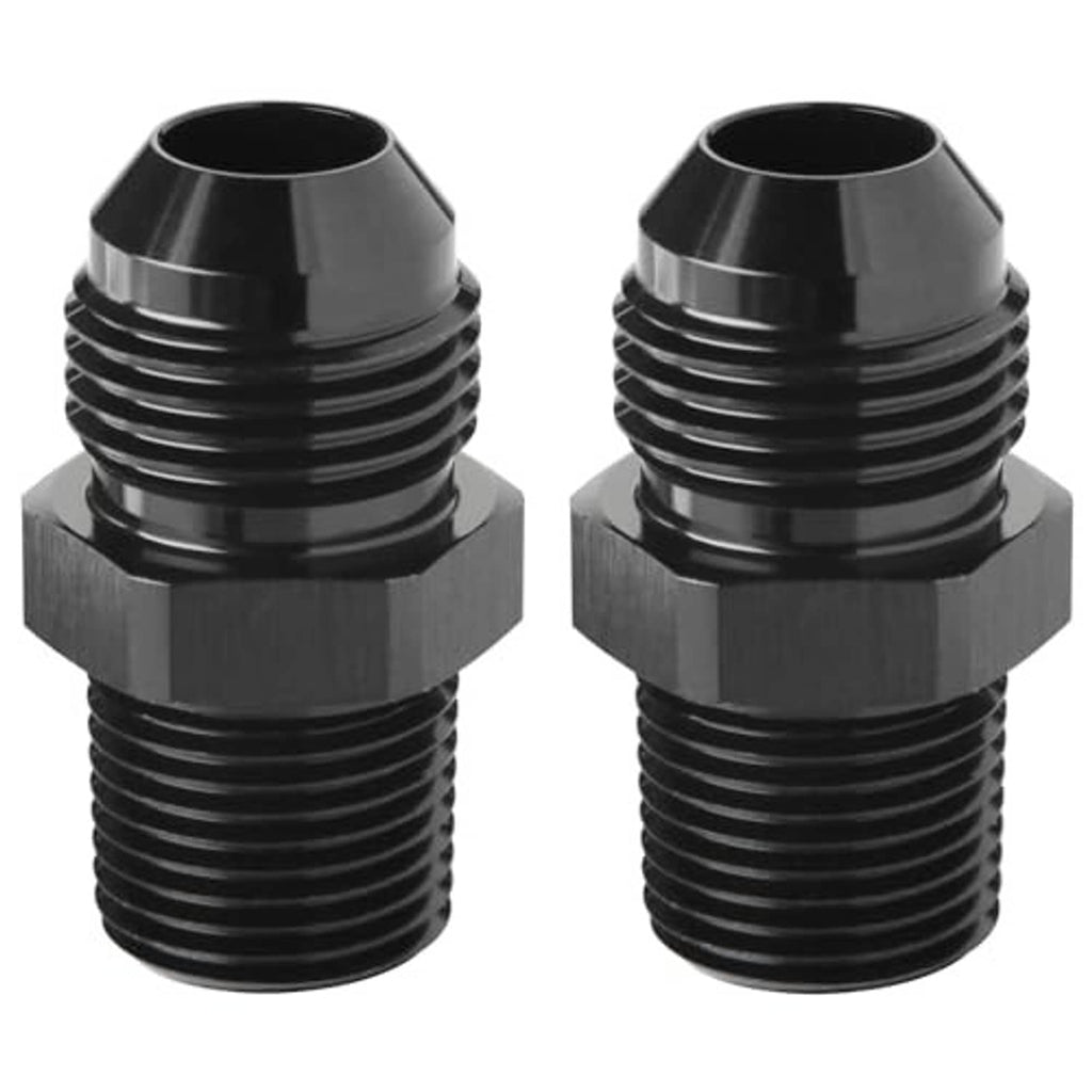 Pair of black straight male pipe adapters to 3/8 NPT, silver hex base, threaded