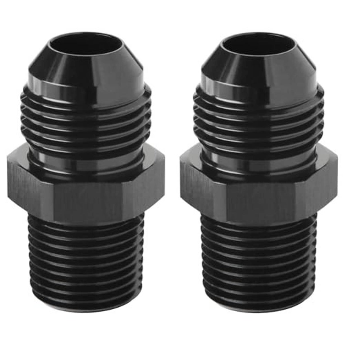 Pair of black straight male pipe adapters to 3/8 NPT, silver hex base, threaded