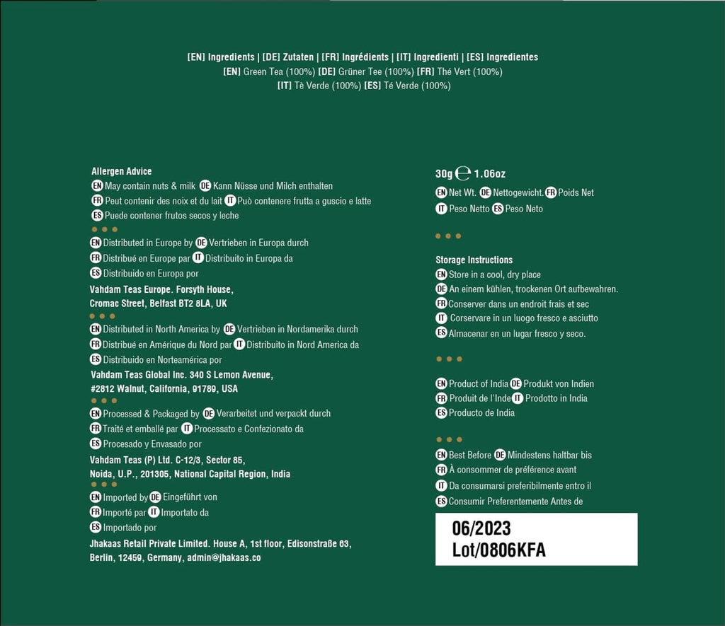 VAHDAM green tea bags back label with ingredients and storage info