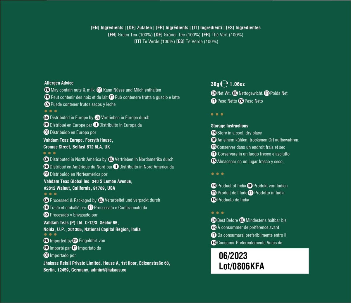VAHDAM green tea bags back label with ingredients and storage info