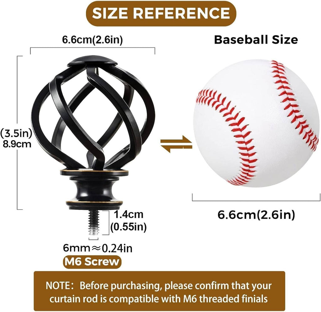 Black twisted cage curtain rod finial with threaded M6 screw at base
