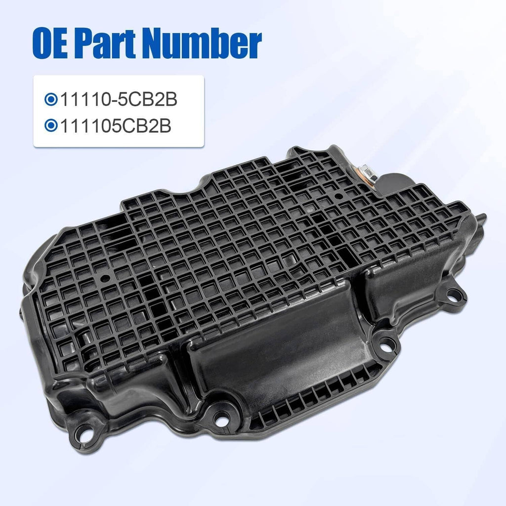 Engine oil pan with gasket, black plastic housing with raised grid pattern and mounts