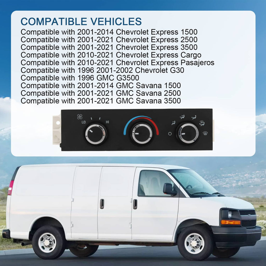 Climate control module panel with three rotary knobs, black face with blue and red accents
