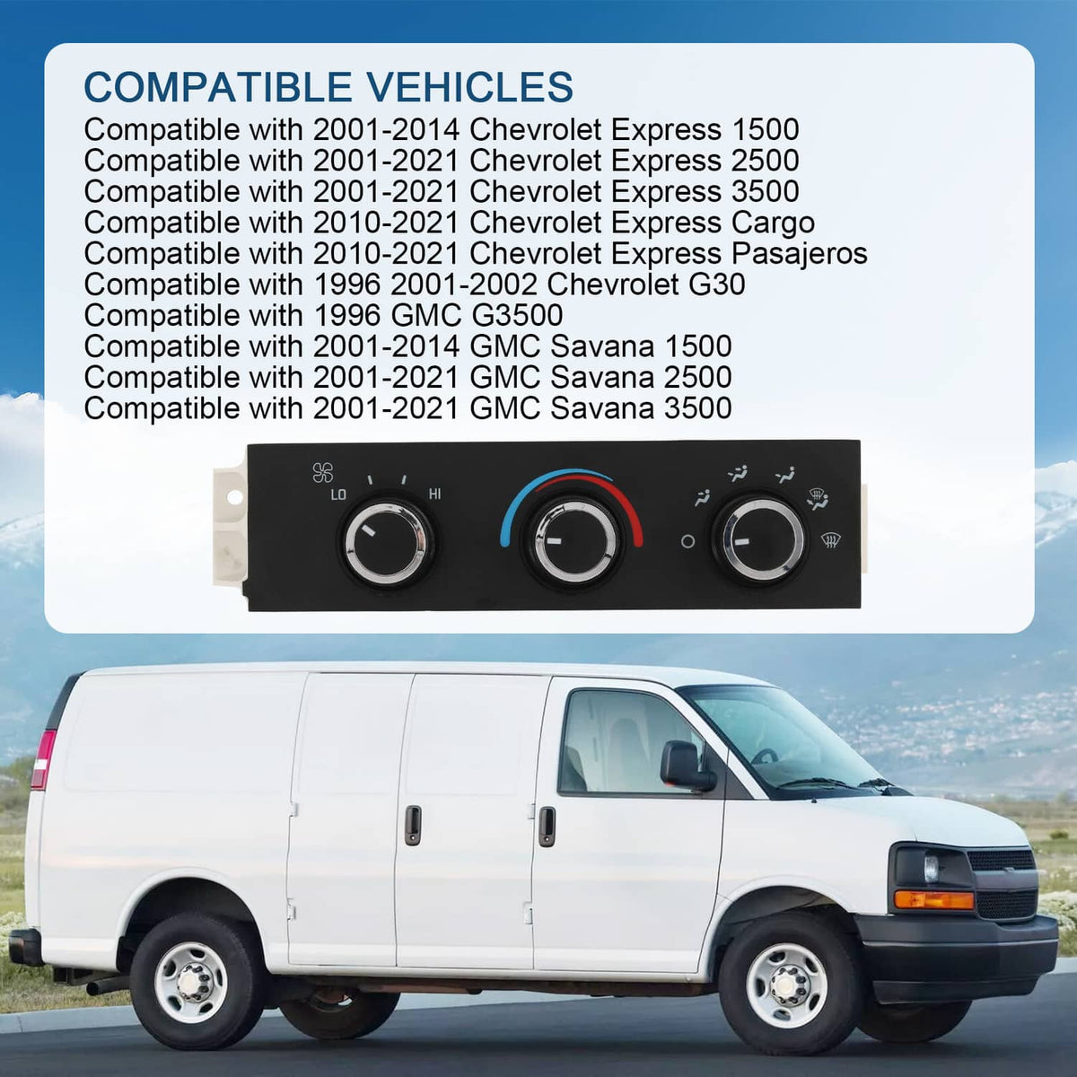 Climate control module panel with three rotary knobs, black face with blue and red accents