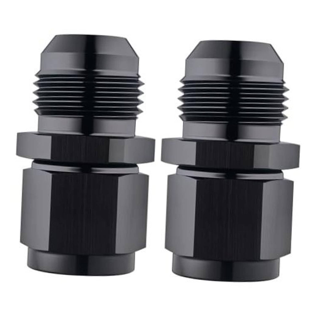 Black AN flare expander fitting adapter with male threaded ends and hex body.