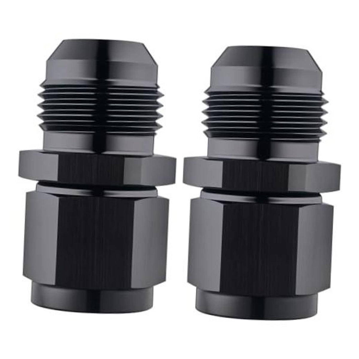Black AN flare expander fitting adapter with male threaded ends and hex body.