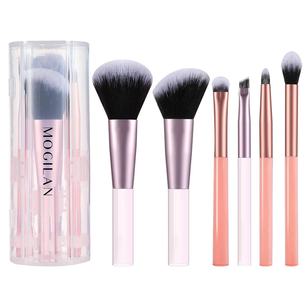 Travel makeup brush set with clear pink storage case and 6 mini brushes, black bristles