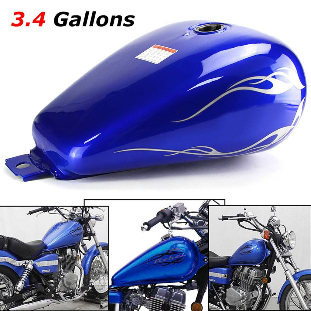 Blue 3.4-gallon fuel tank with fuel cap opening, white swoosh graphics, mounting tabs