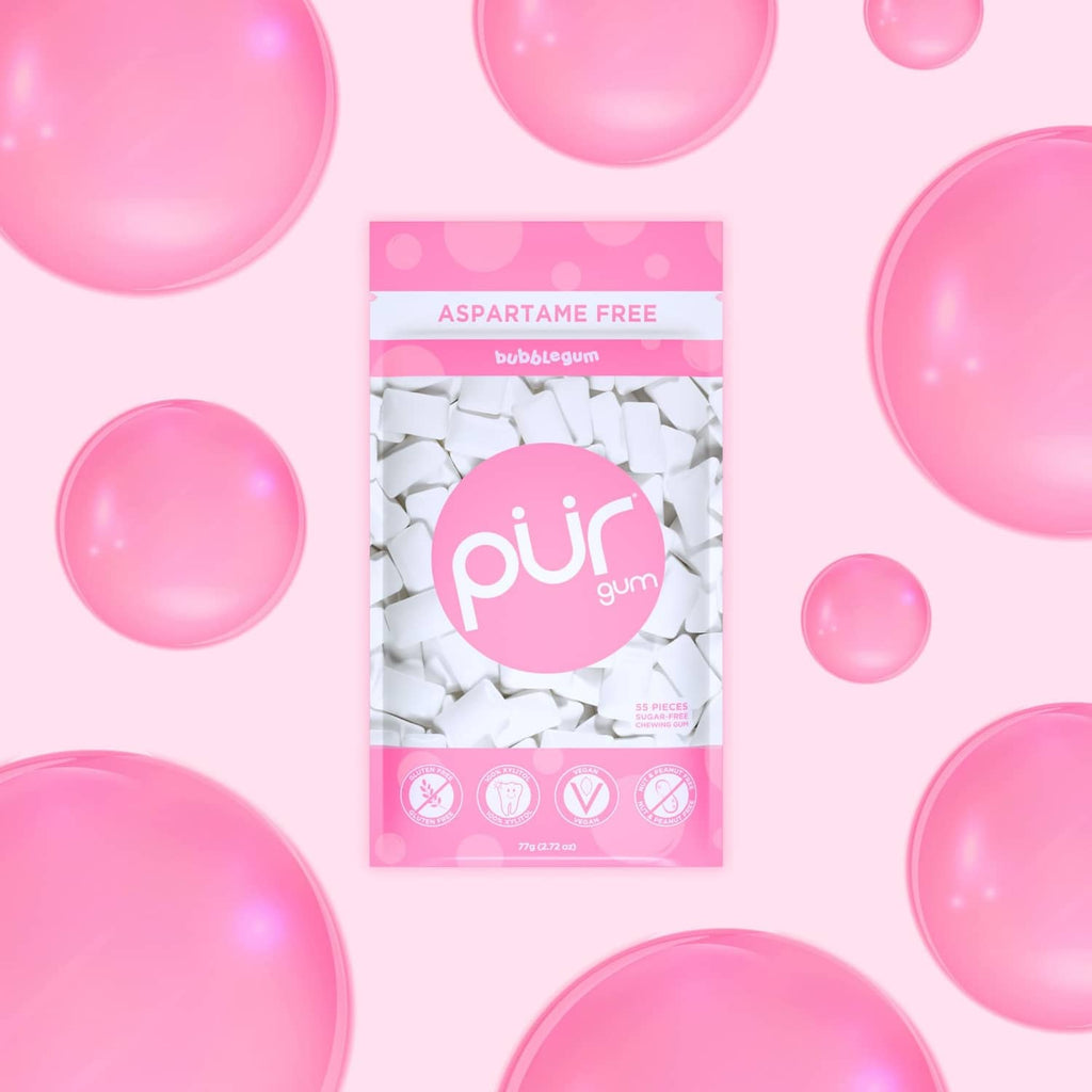 Aspartame-free PUR bubblegum gum pouch with visible white gum pieces