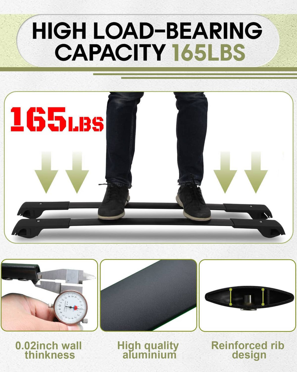 High load roof rack cross bars rated 165 lb with reinforced rib design