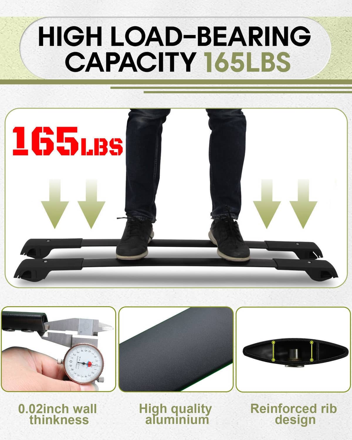 High load roof rack cross bars rated 165 lb with reinforced rib design