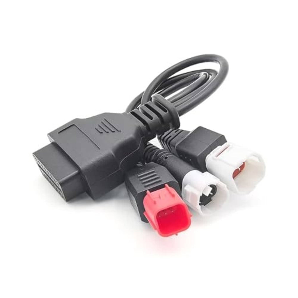 Motorcycle OBD adapter cable with black OBD plug and red 4-pin plus two white sockets