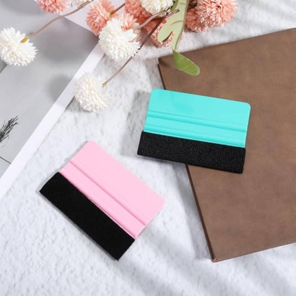 Vinyl felt squeegees set with pink and teal handles and black scratch-free pads