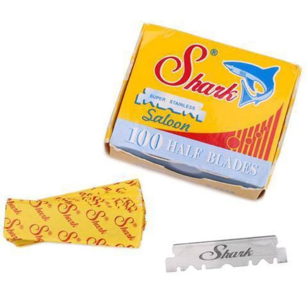 Shark Saloon 100-count straight razor half blades with box and loose blade