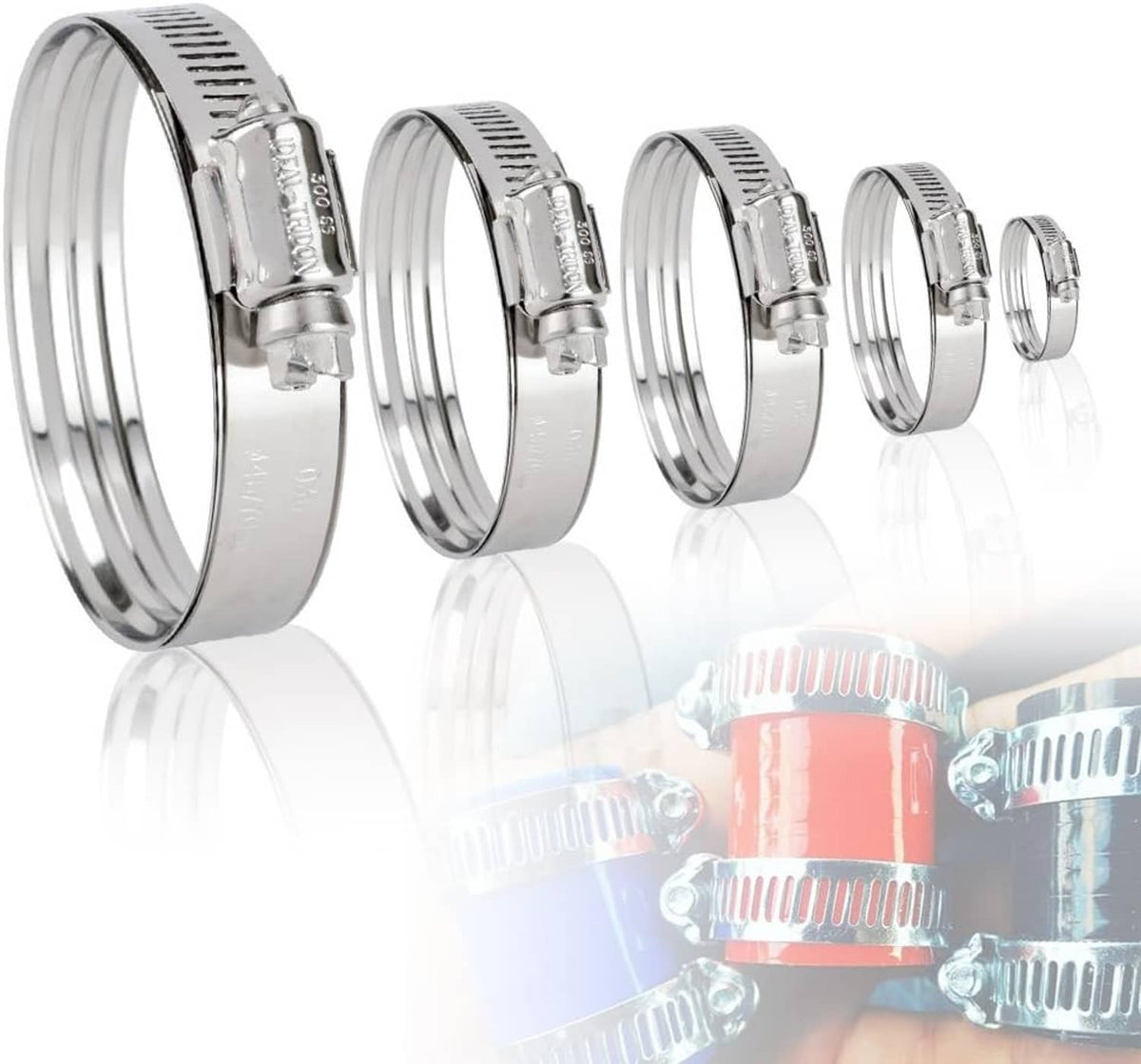 Stainless steel radiator hose clamps in a set, shown isolated on a reflective surface