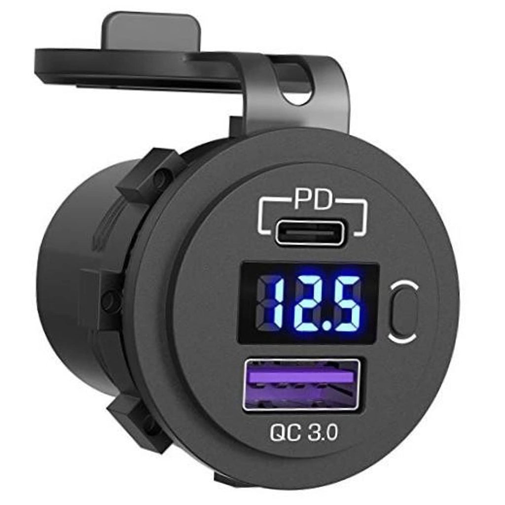 Black dual USB charger socket with blue PD LED display and QC 3.0 port