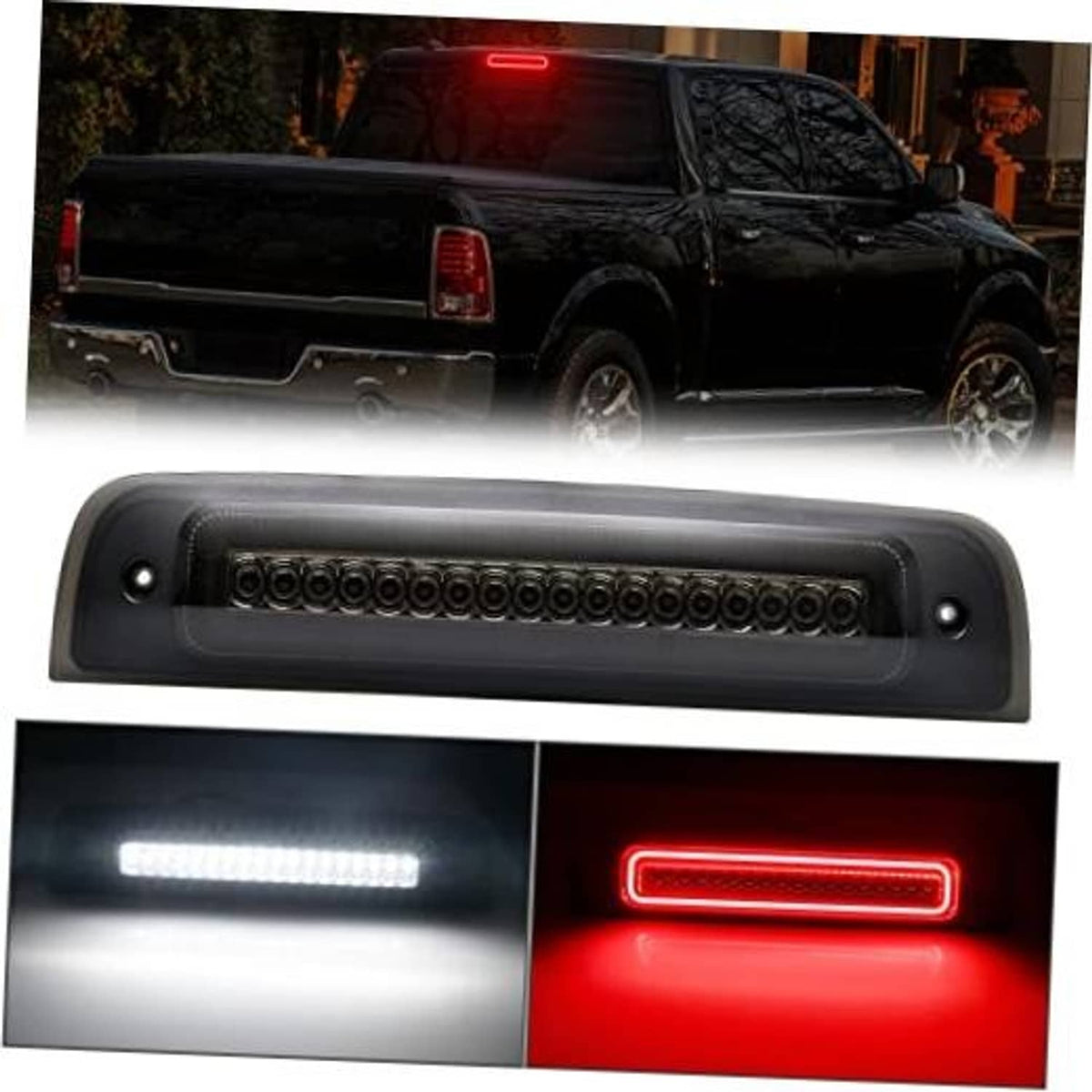Smoked LED third brake light bar with circular LED segments in dark housing