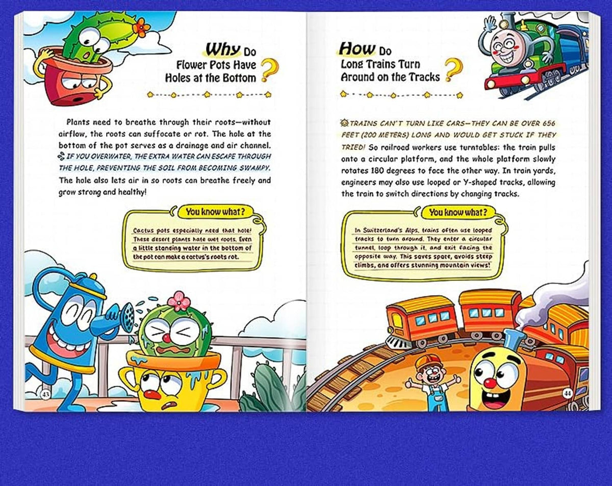 Kids science encyclopedia open spread with illustrated questions about water tracks and trains