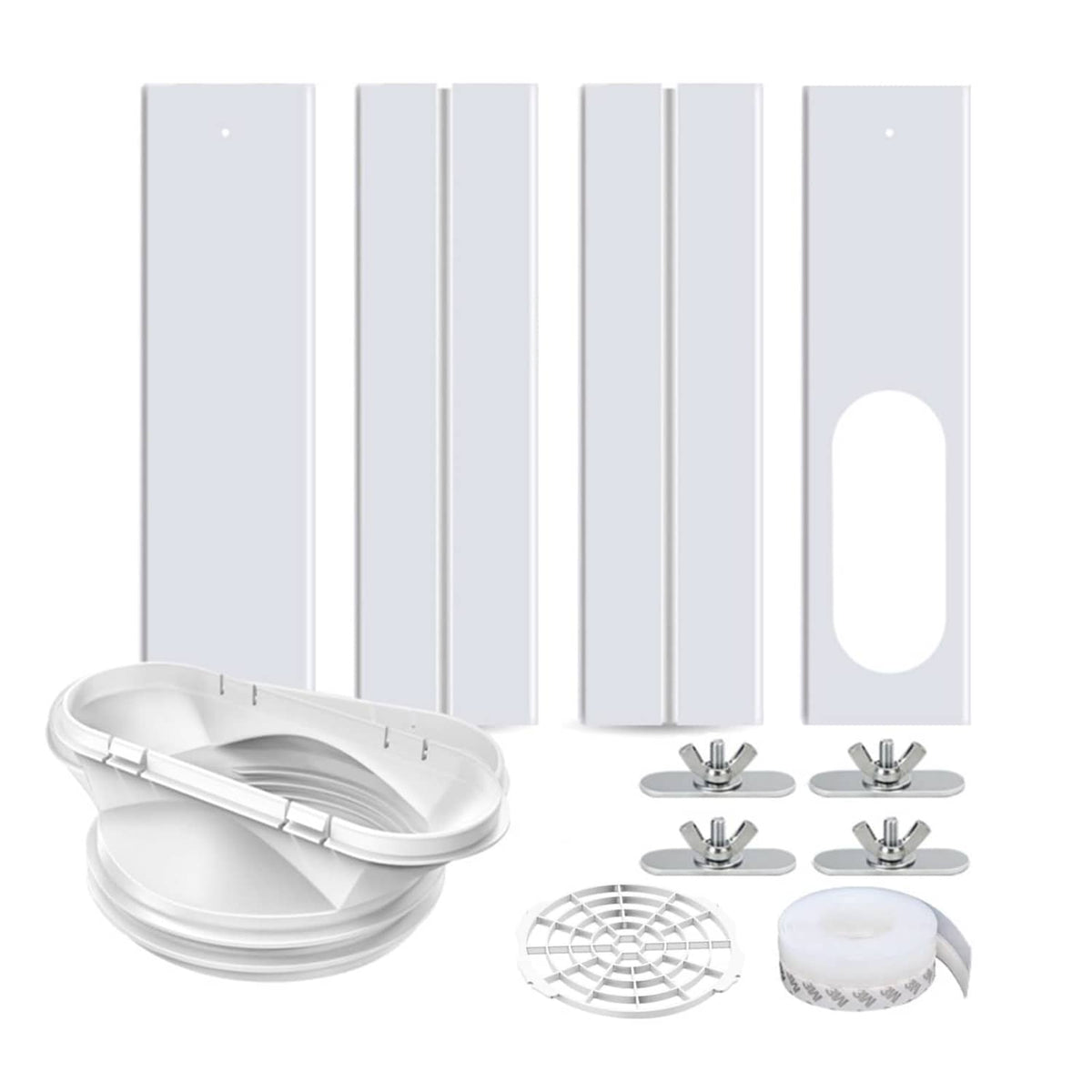 Portable AC window vent seal kit with four adjustable panels, hose connector, mounting hardware