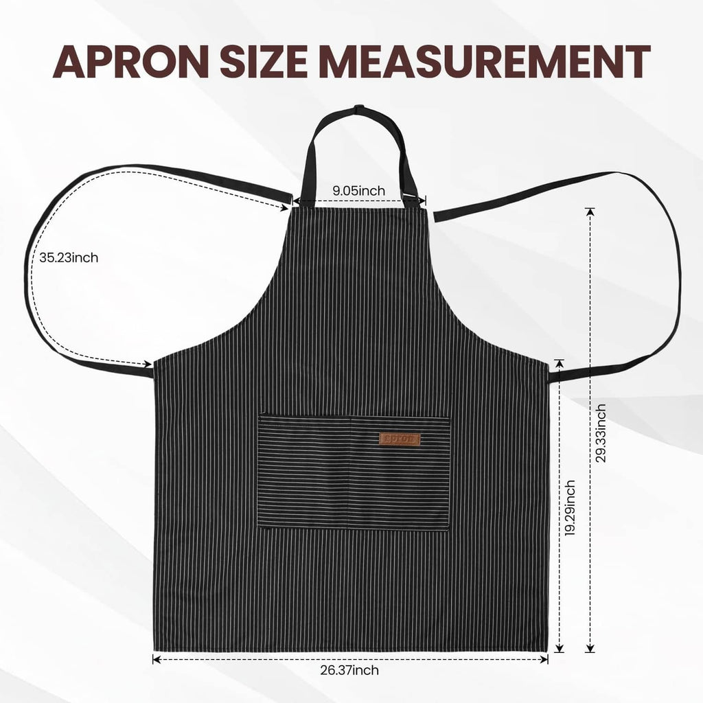 Black pinstripe apron with adjustable neck strap and front pocket, flat lay