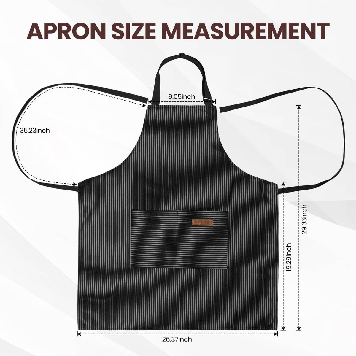 Black pinstripe apron with adjustable neck strap and front pocket, flat lay