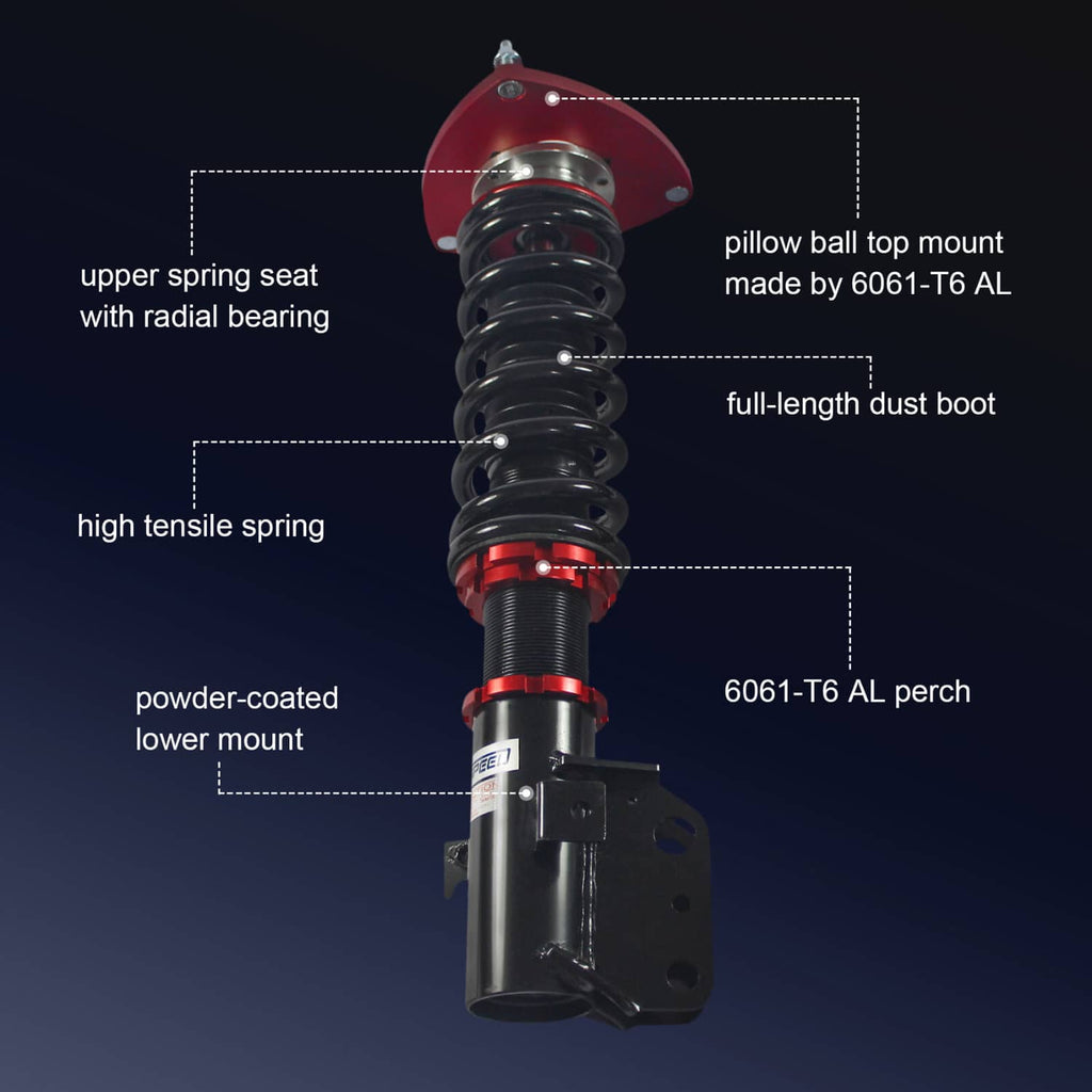 Single red top-mount coilover strut with black shock body and black coiled spring