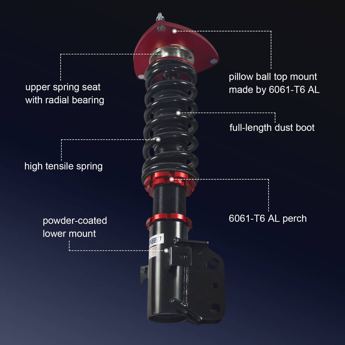 Single red top-mount coilover strut with black shock body and black coiled spring