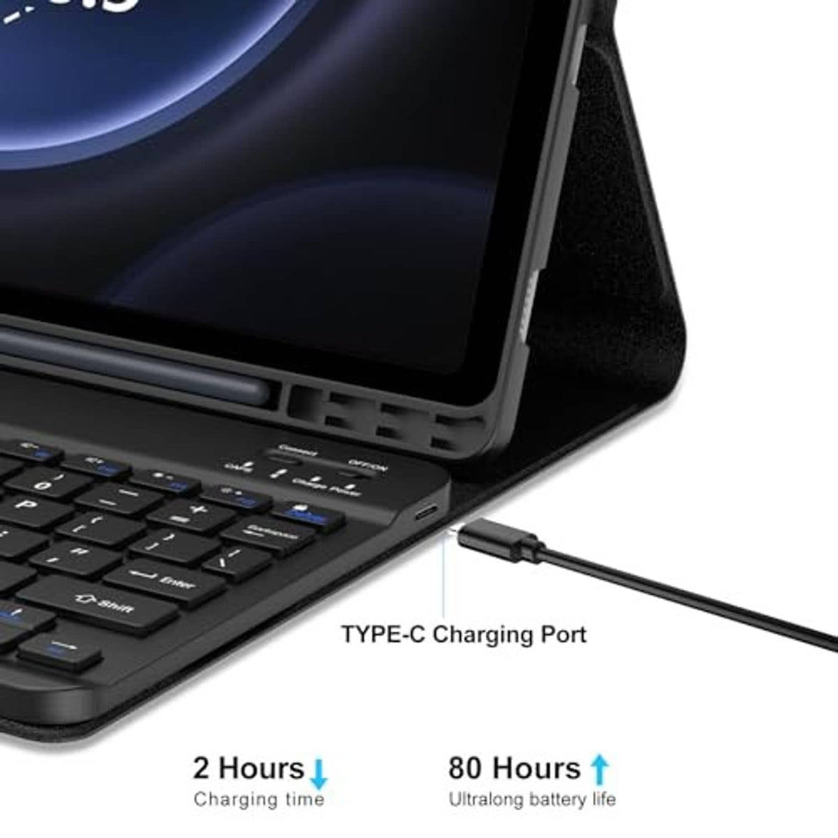 Black keyboard case with Type-C charging port and front kickstand