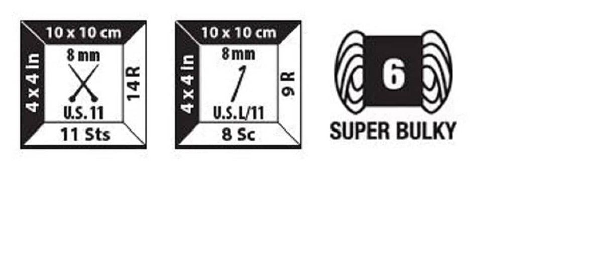 Yarn weight and gauge chart: super bulky, 8 mm needle, 11 stitches