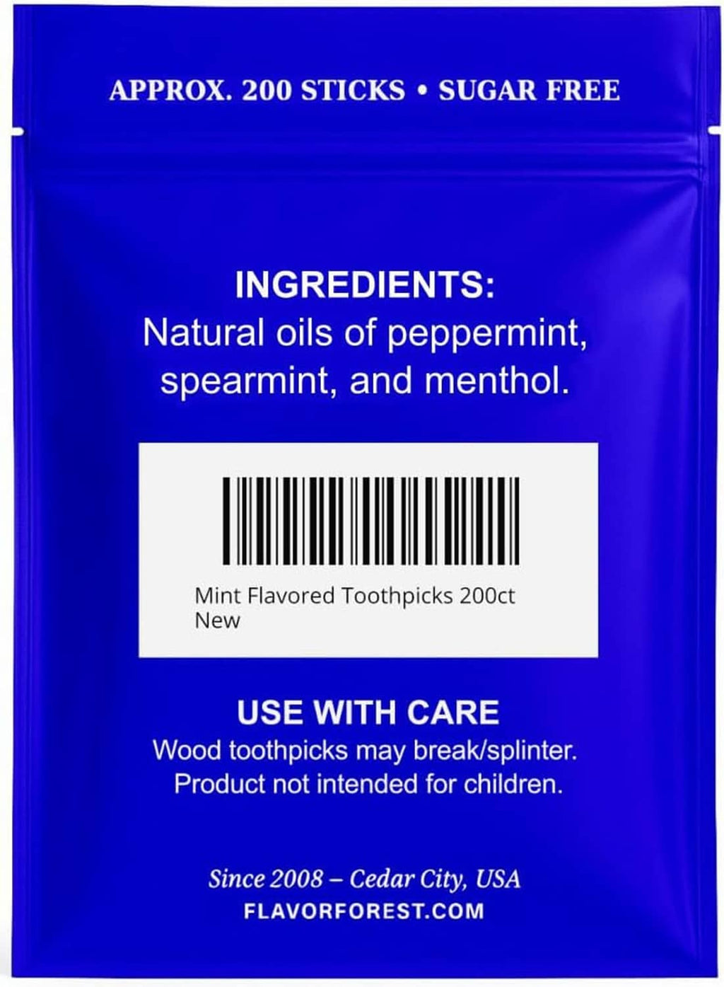 Cool mint toothpicks back of pouch with ingredients and approx. 200 sticks