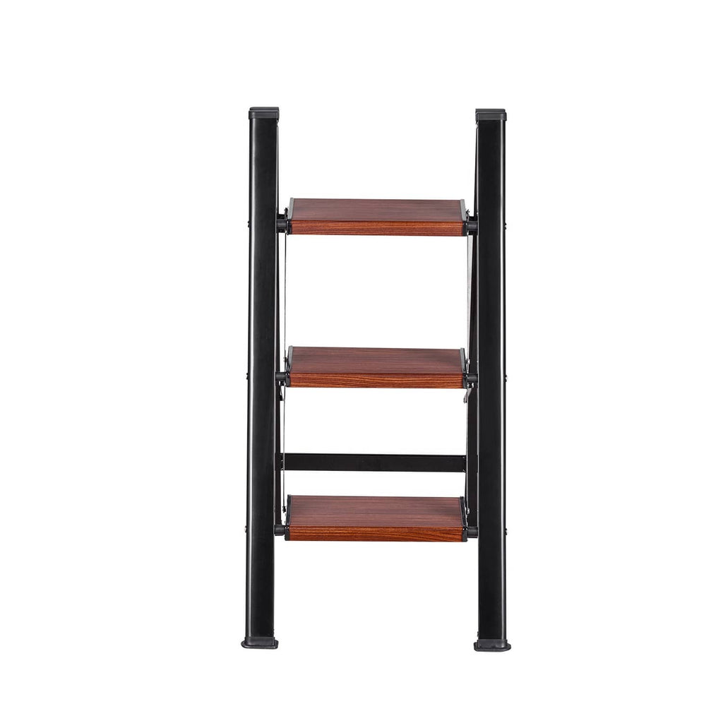 3-step folding ladder front view, black frame with three wide brown non-slip steps