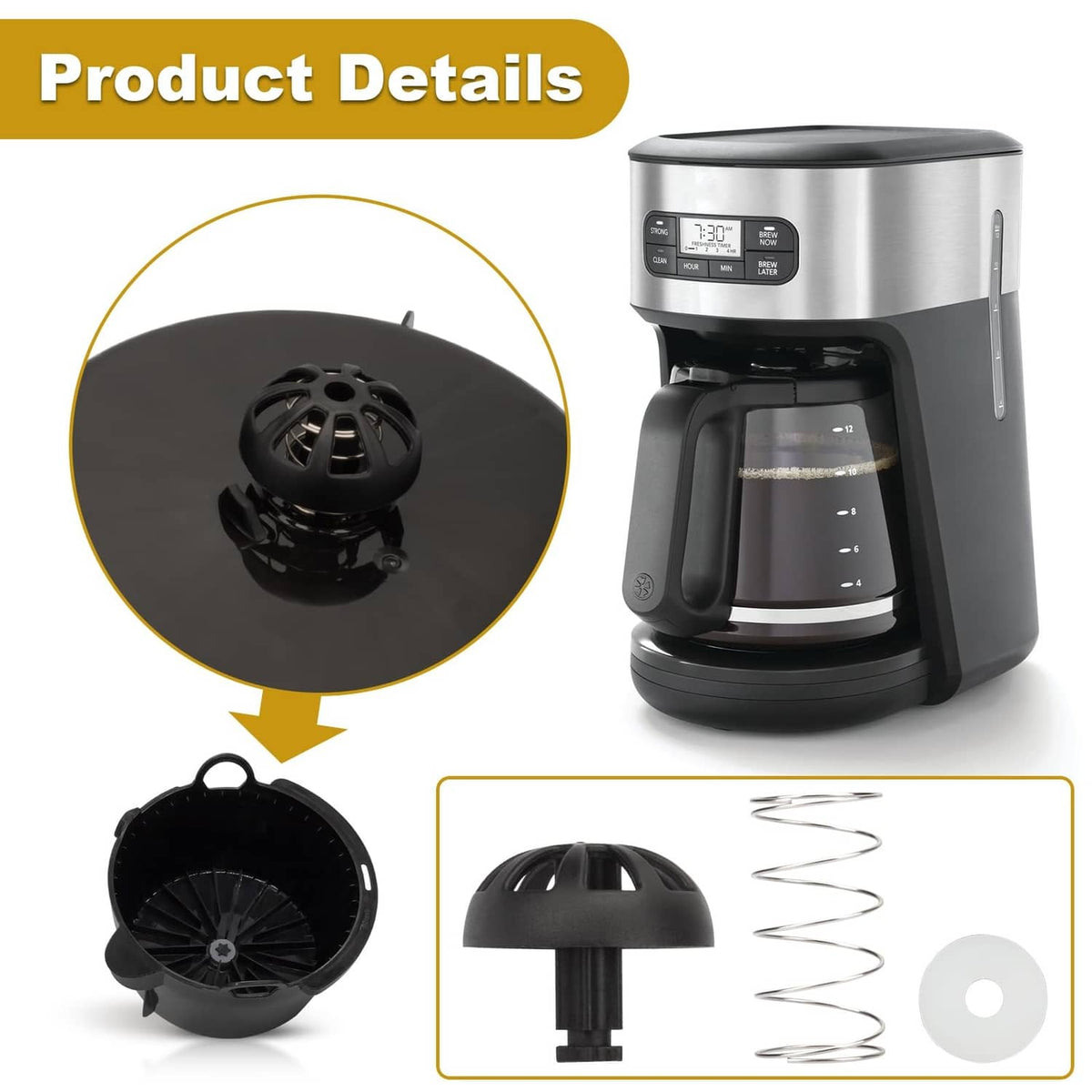 Black brew basket stopper kit with coil spring and white gasket disc, close-up