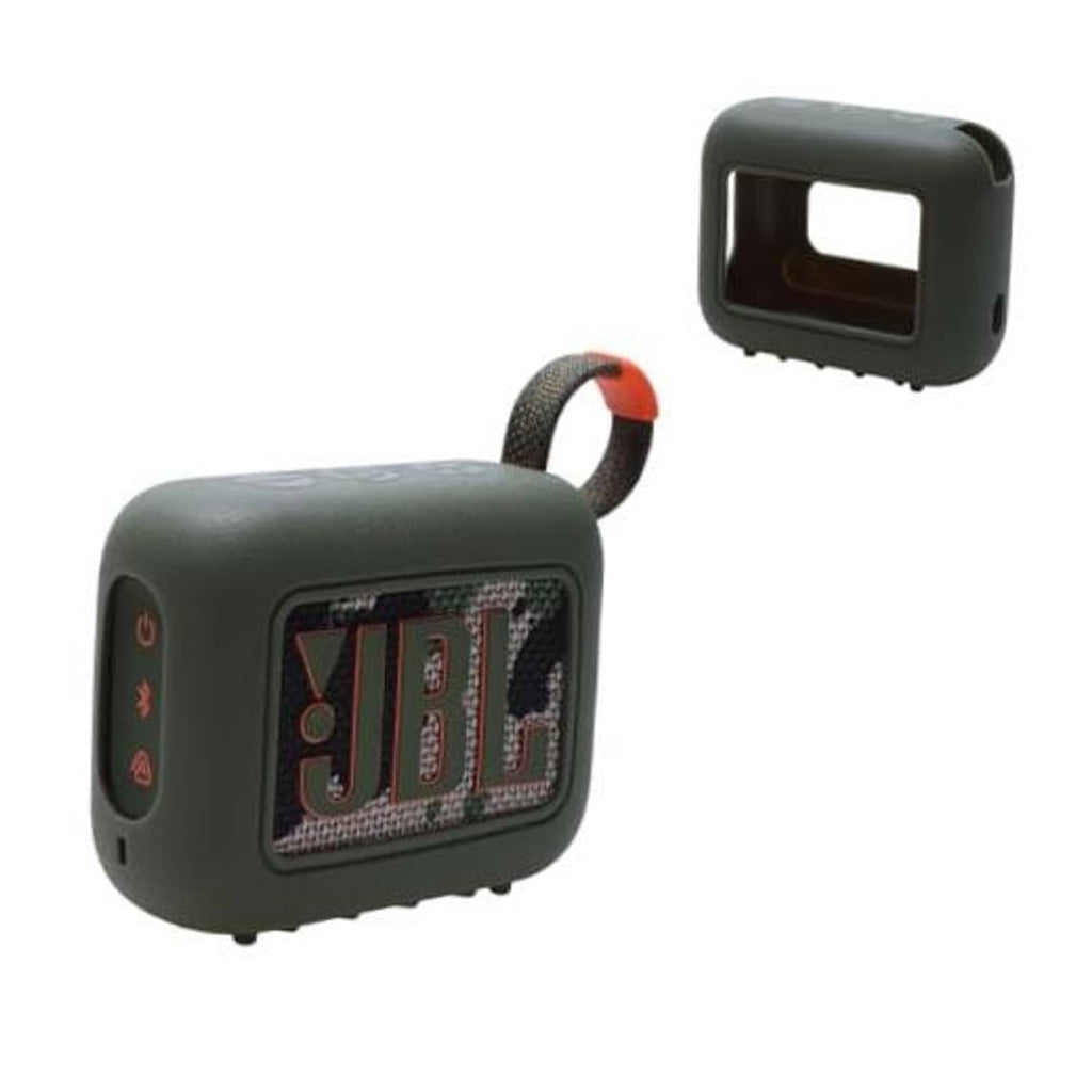 Silicone speaker cover case for JBL Go 4 in dark green, with handle loop and cutout