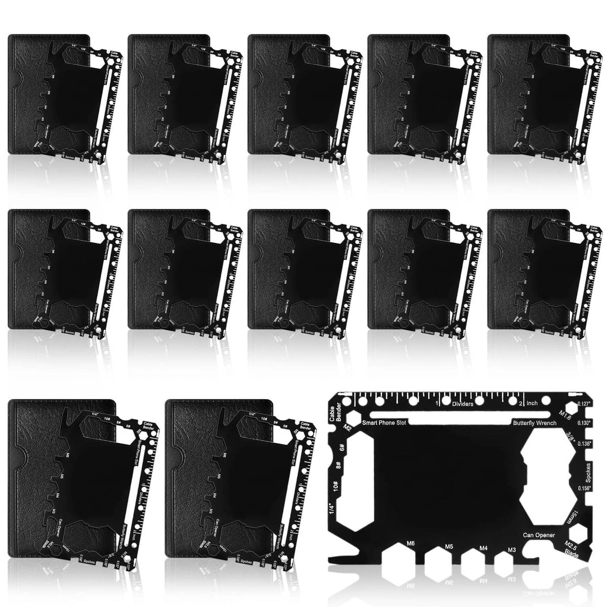Black metal credit card multitool set, multiple folding wallet tools displayed in rows