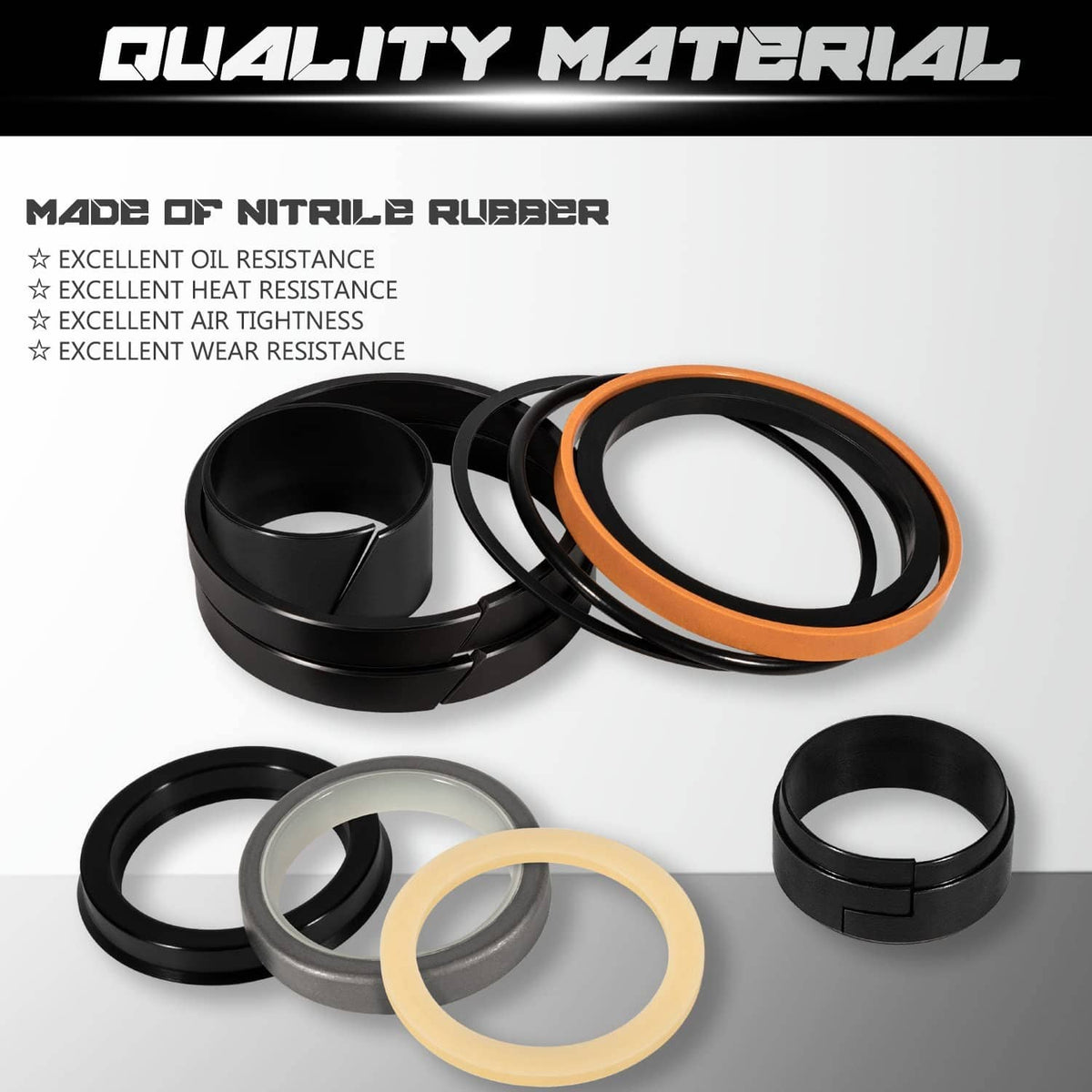 Hydraulic cylinder seal rings set in black and orange with cream seal