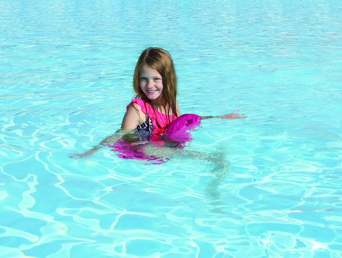 Pink saddle pool float chair in use by child, handle cutouts visible