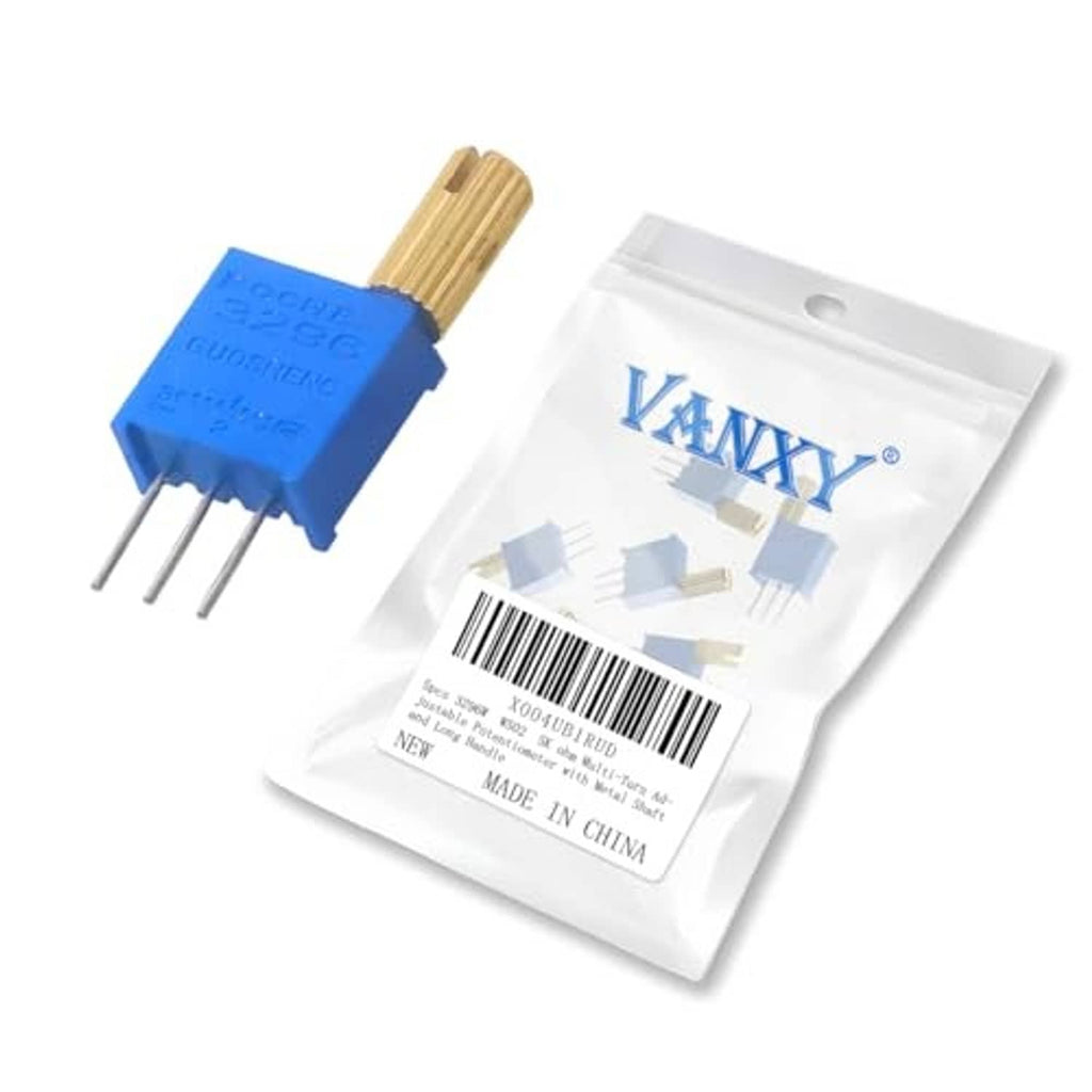 Blue multi-turn adjustable potentiometer with gold shaft and 3 pins, packaged in pouch