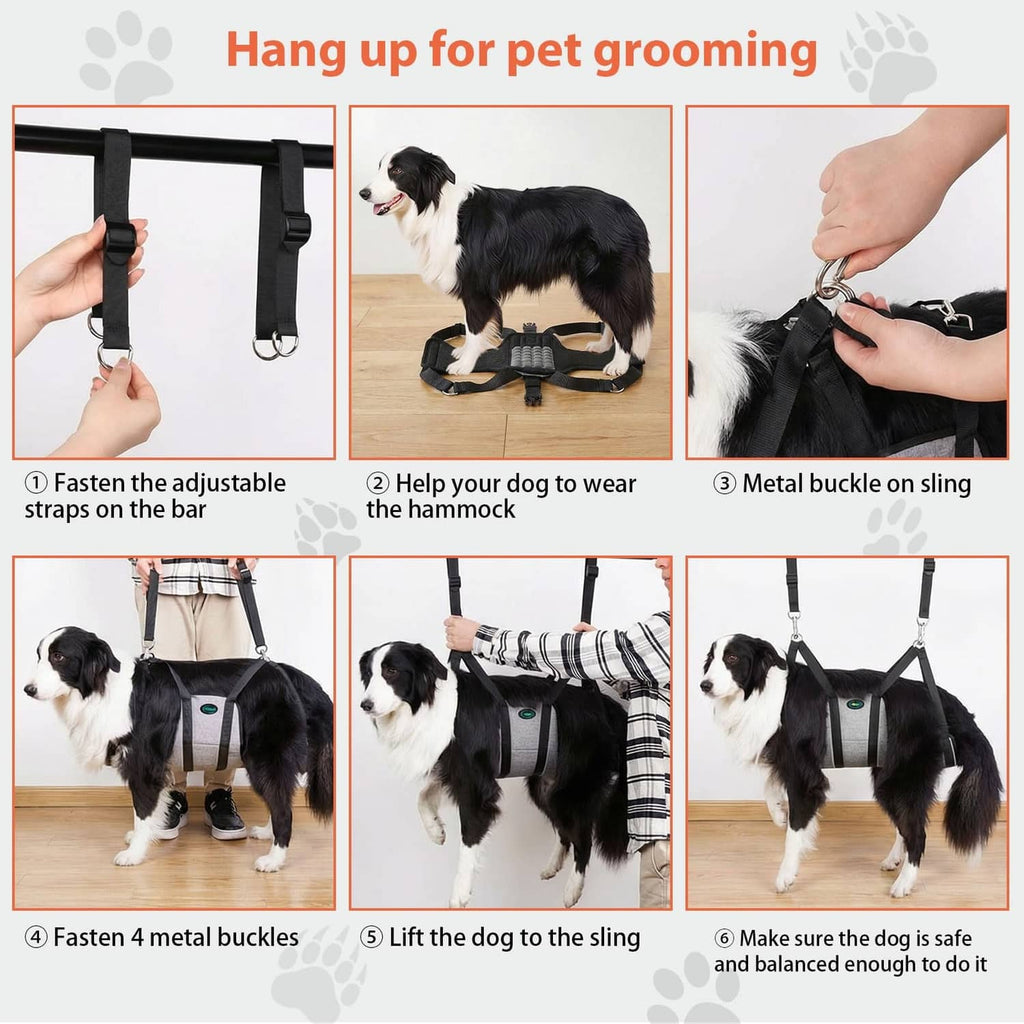 Pet grooming hammock with adjustable straps and metal buckles for safe lifting and balance