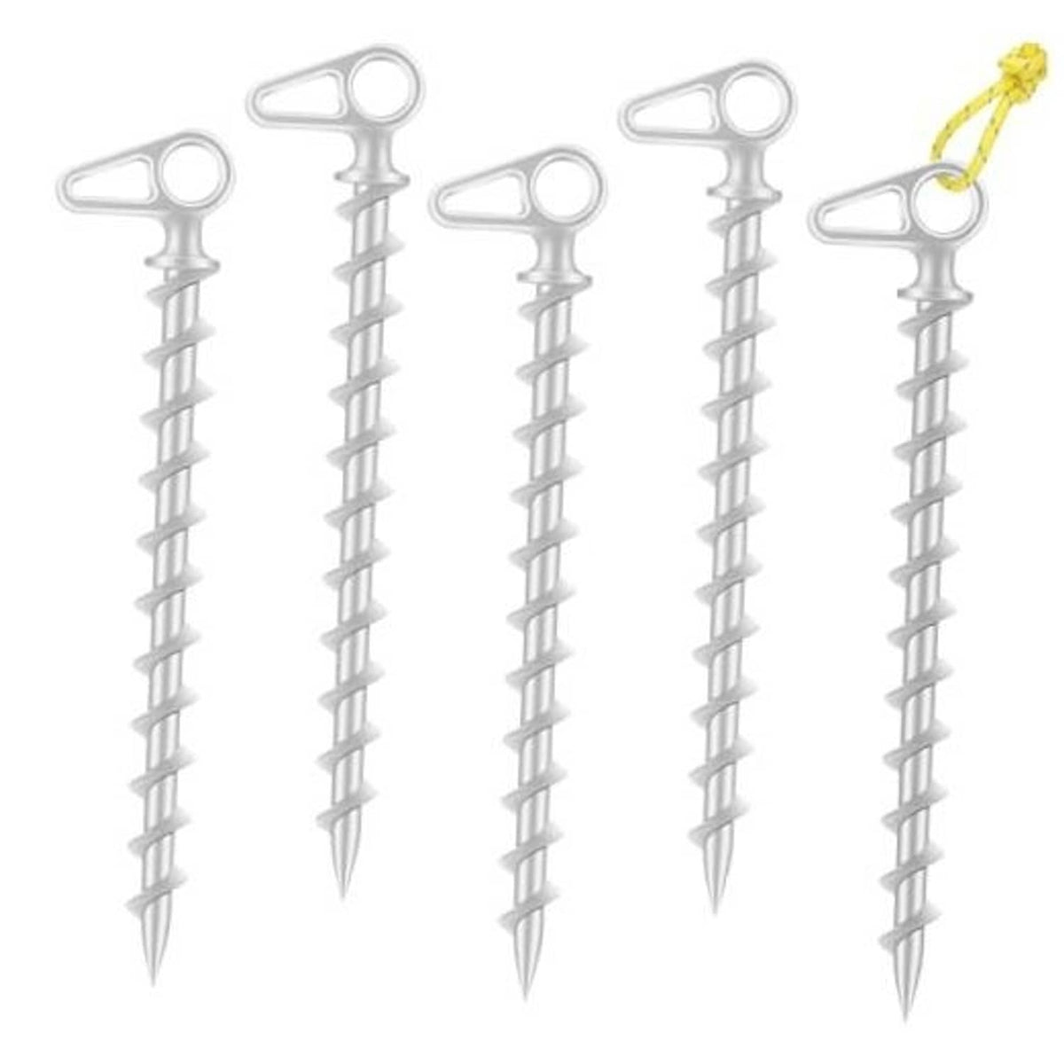 Set of five silver screw-in ground anchors with loop heads and spiral shafts