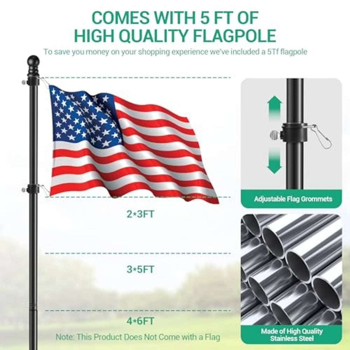 Black RV flagpole kit with mounting hardware and adjustable flag grommets