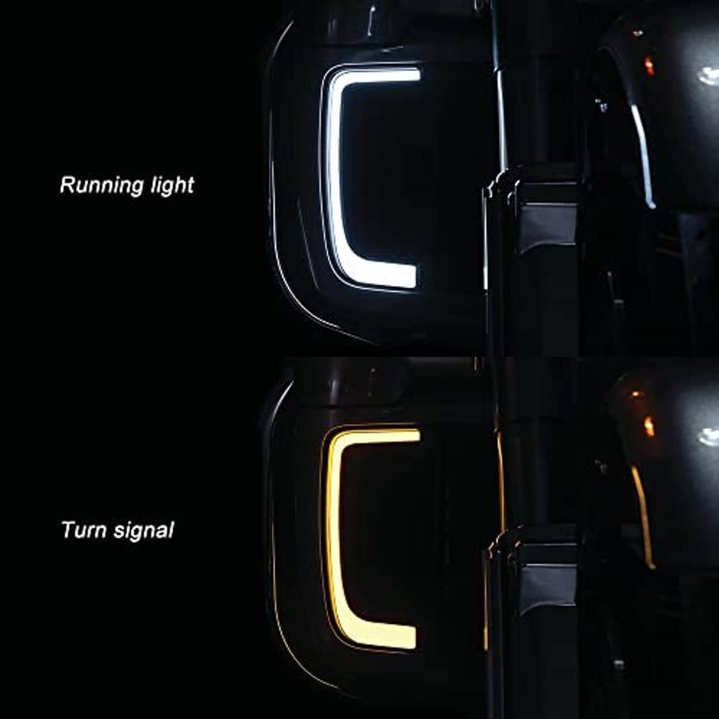 Motorcycle vent lights lit: white running light and amber turn signal, side view