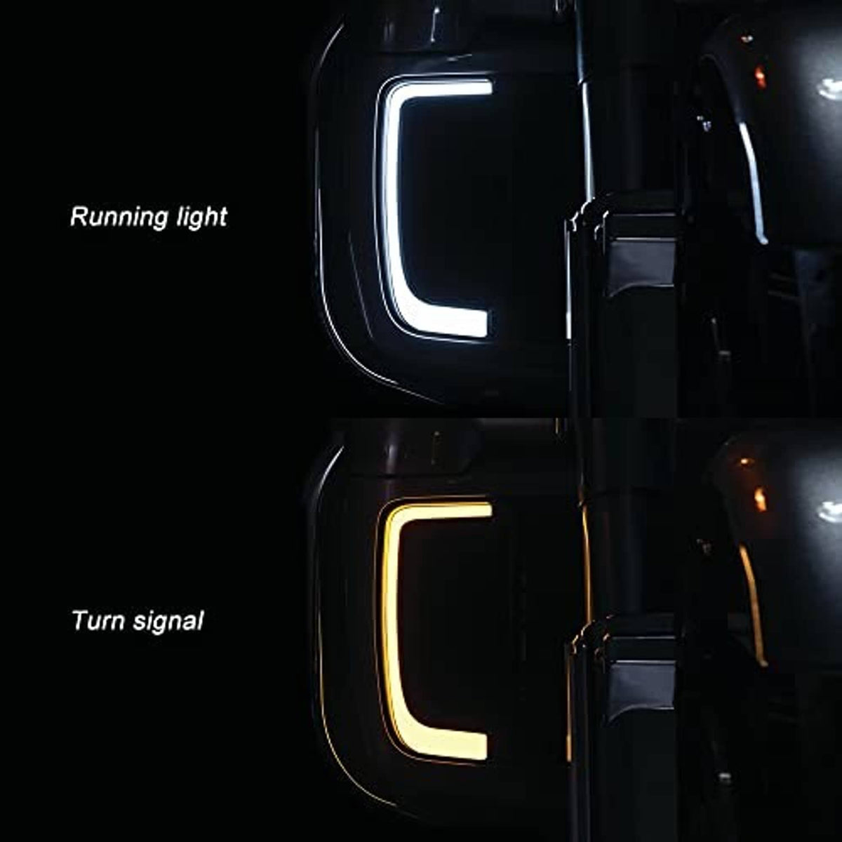 Motorcycle vent lights lit: white running light and amber turn signal, side view