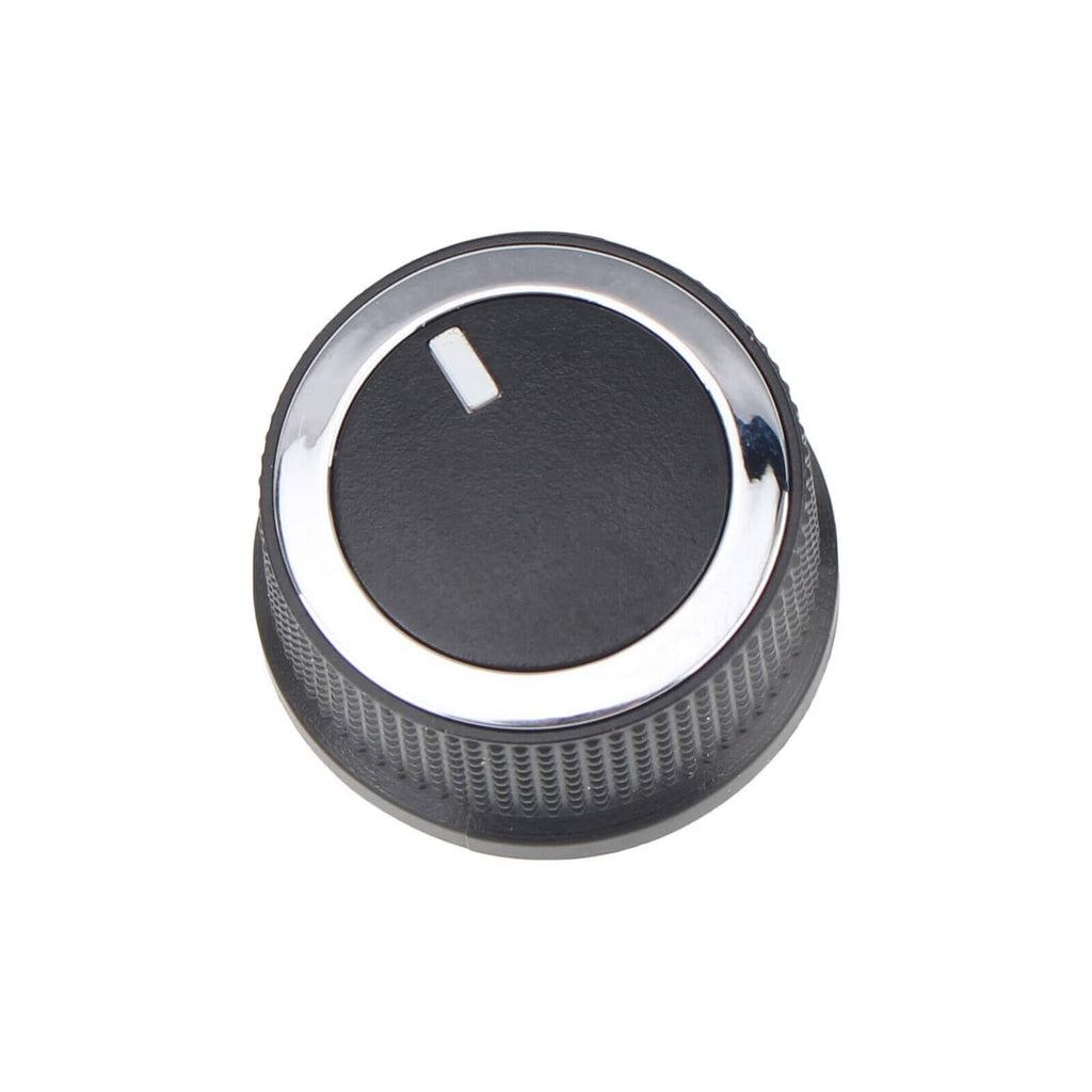 Black HVAC temperature control knob with silver ring and white indicator mark