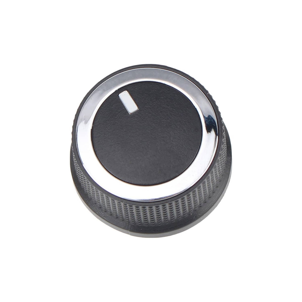 Black HVAC temperature control knob with silver ring and white indicator mark